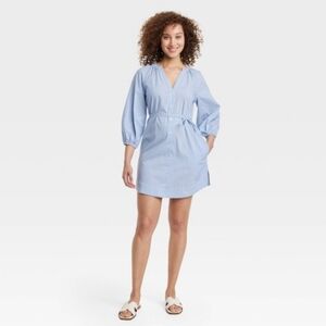NWT A New Day 3/4 Balloon Light Blue Pin Striped Button-Front Shirt Dress
